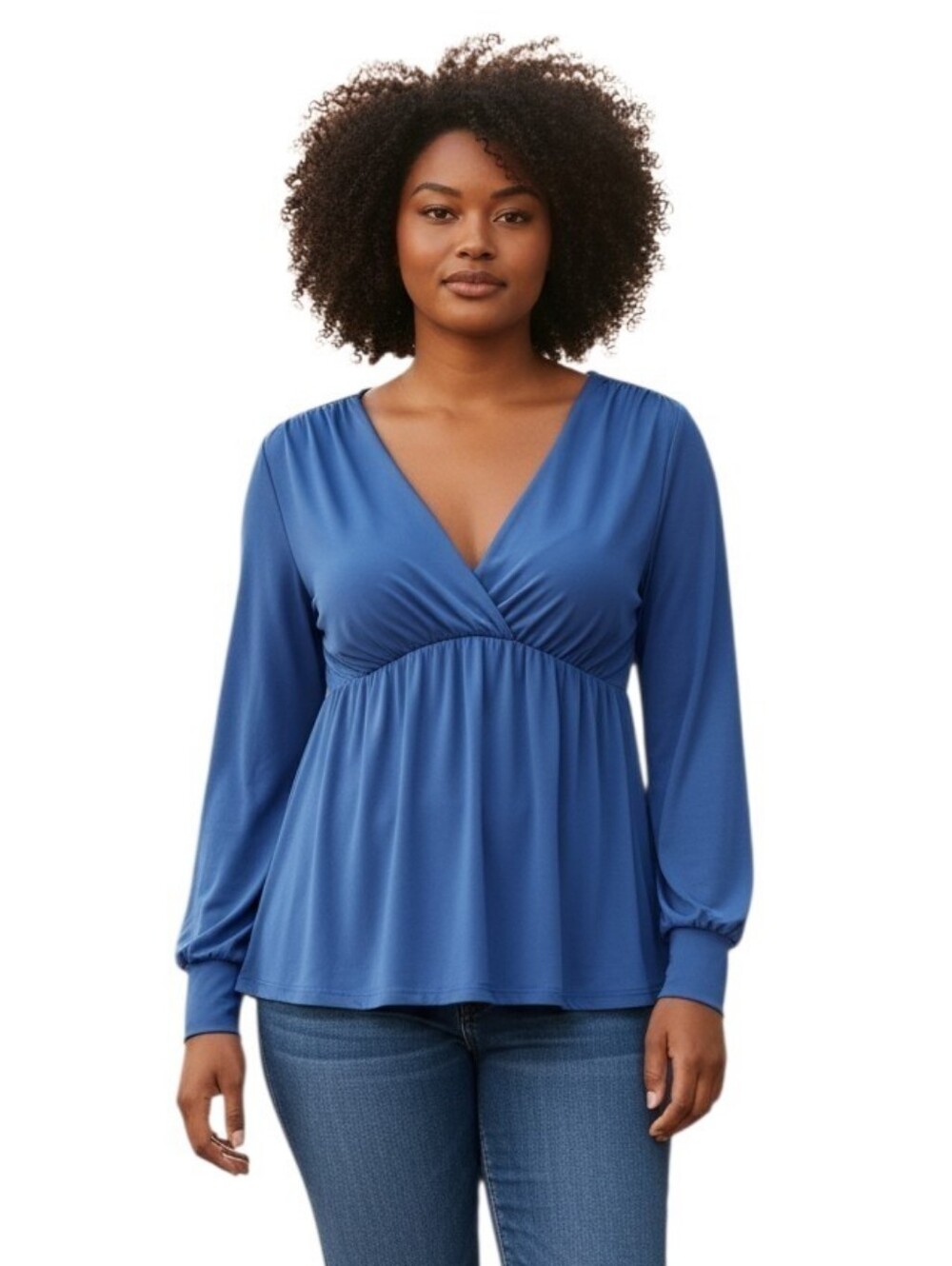 Chicme Long Sleeve V-Neck Ruched Empire Waist Top - Blue Size Large